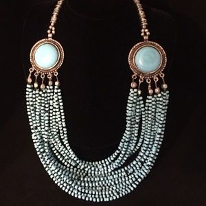 Turquoise Glass necklace, metallic silver accents.